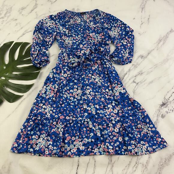Talbots Puff Sleeve Dress Size M P Blue Pink Floral Pockets Fit Flare Tie Waist - Picture 1 of 11